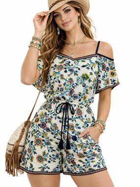 EUC Blue Rain off the shoulder cottagecore romper with pockets blue floral XS